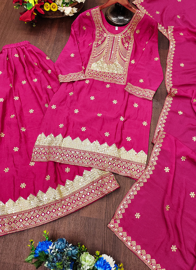 Chinon Pink Party Wear Sequin Embroidery Work Readymade Plazzo Suit 388608