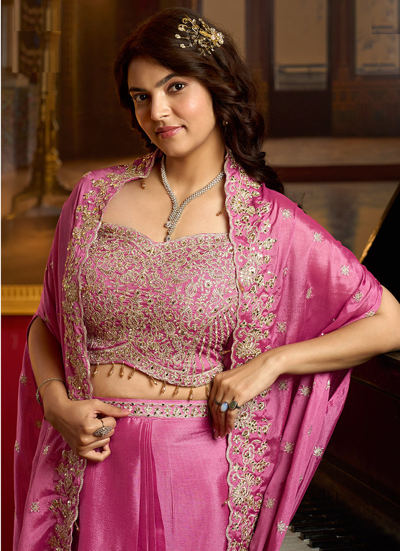 Pink Chinon Silk Zari Embroidery Work Party Wear Readymade Indowestern Suit SW828751