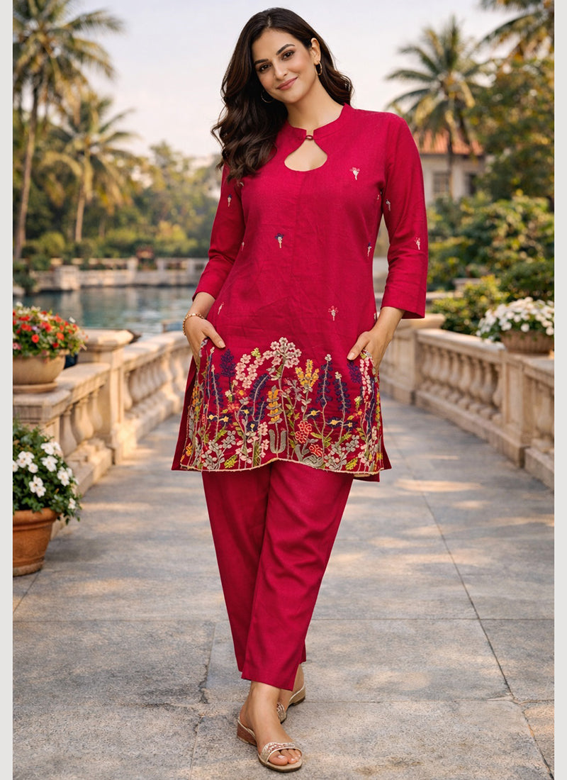 Hot Pink Cotton Stitch Work Daily Wear Readymade Cord Set SW196522