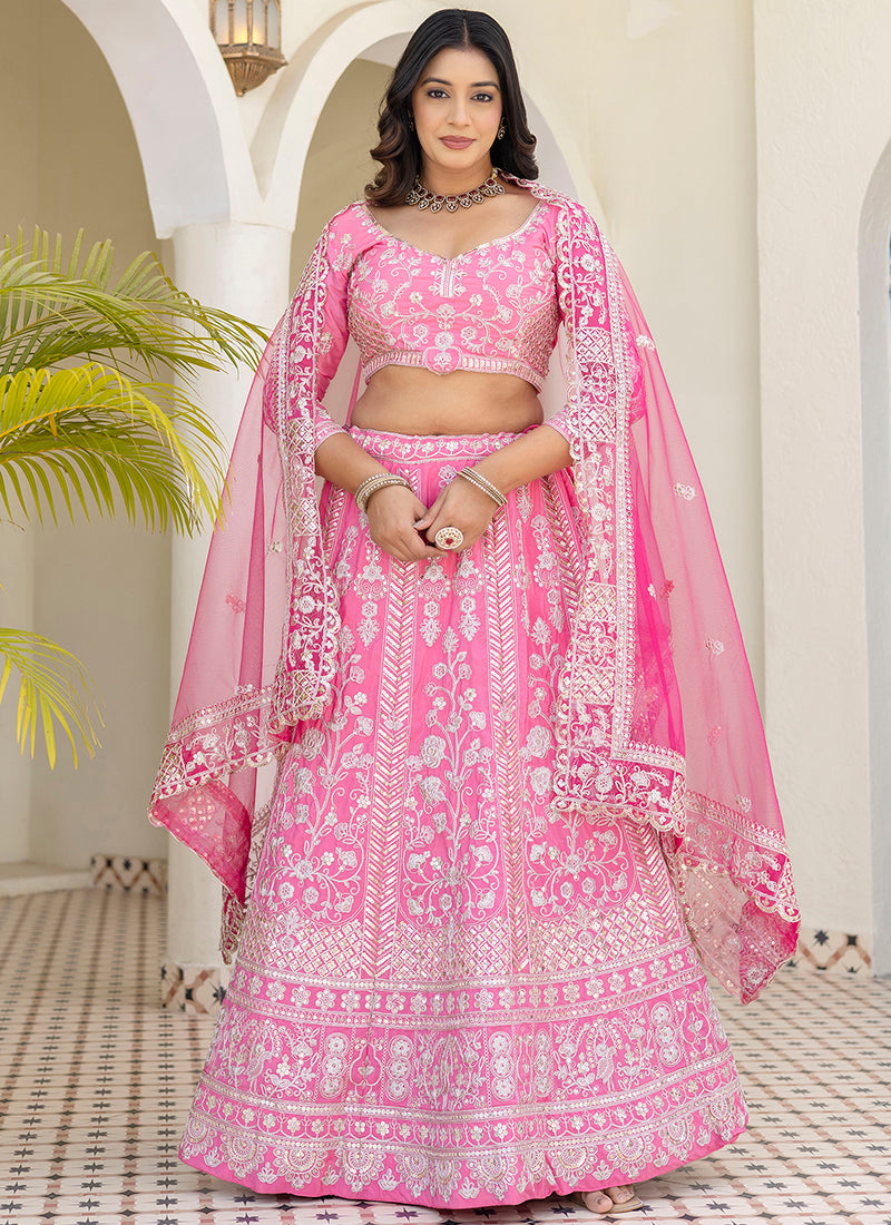 Crepe Silk Pink Wedding Wear Zari Embroidery Work Lehenga Choli 388753