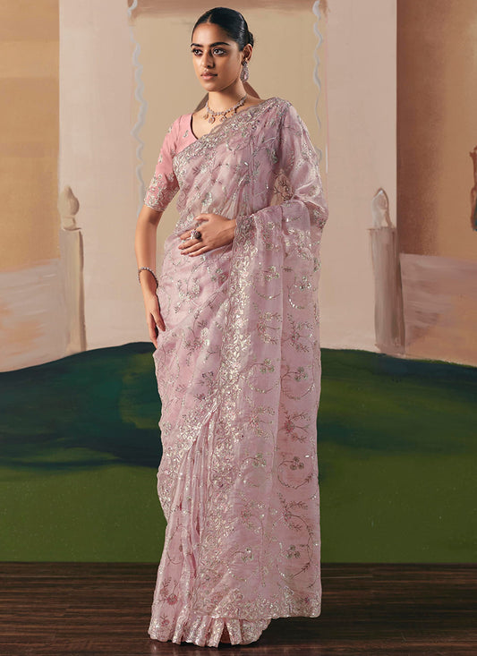 Fancy Fabric Pink Saree with Embroidery Work for Wedding Wear 384689