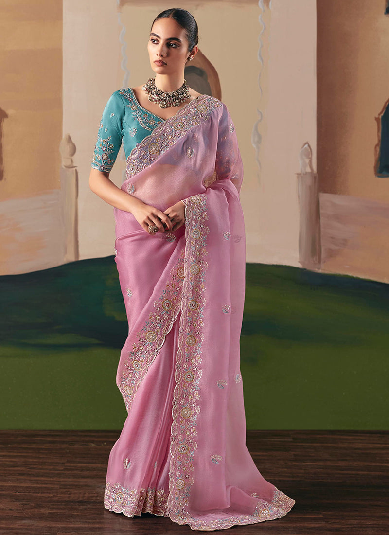 Fancy Fabric Pink Saree with Embroidery Work for Wedding Wear 384694