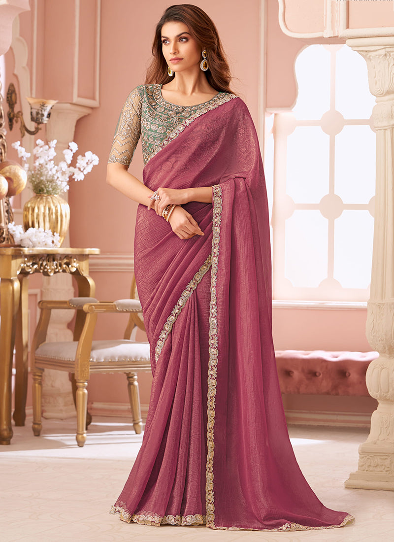 Georgette Pink Saree with Border Work for Festival Wear 381877