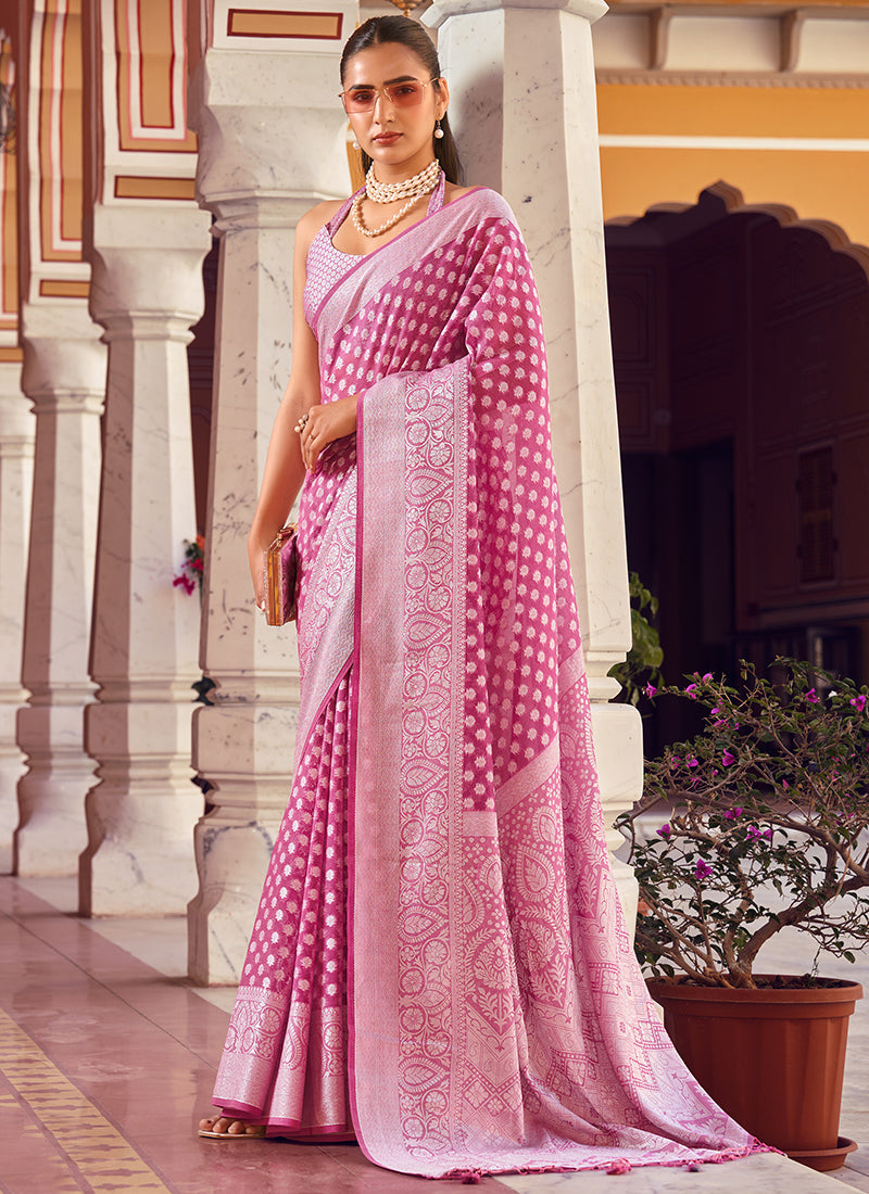 Georgette Pink Saree with Printed Work for Festival Wear 379802
