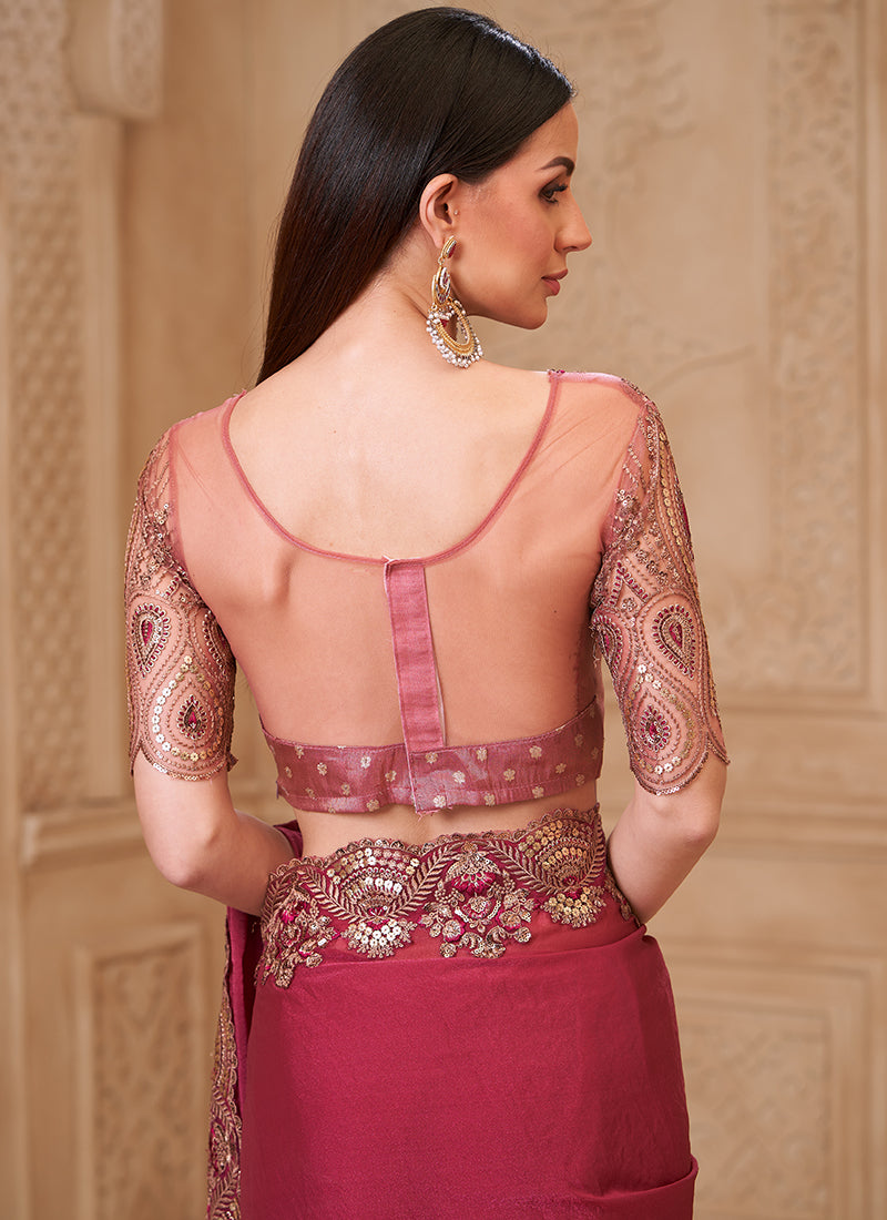 Georgette Pink Party Wear Embroidery Work Saree 385722