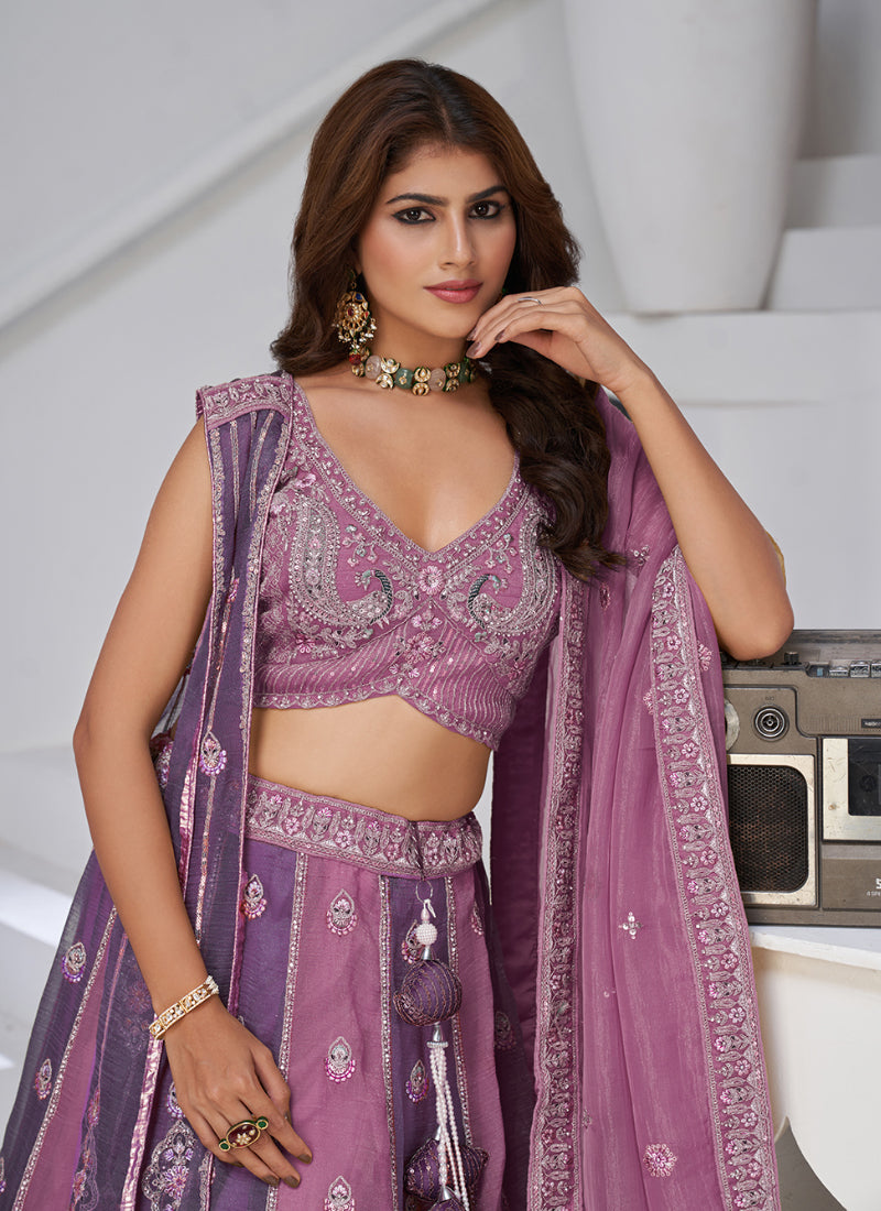 Georgette Pink Wedding Wear Zari Embroidery Work Lehenga Choli 385991