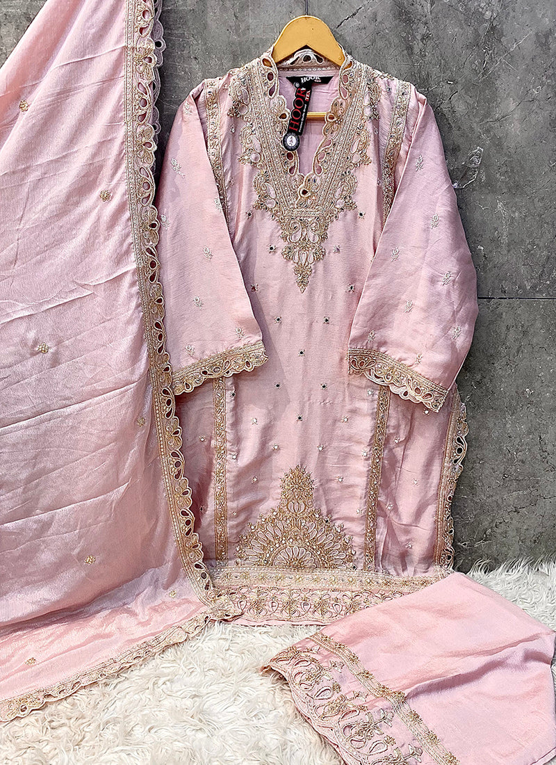 Heavy Chinon Pink Eid Wear Zari Work Readymade Pakistani Suit 388114