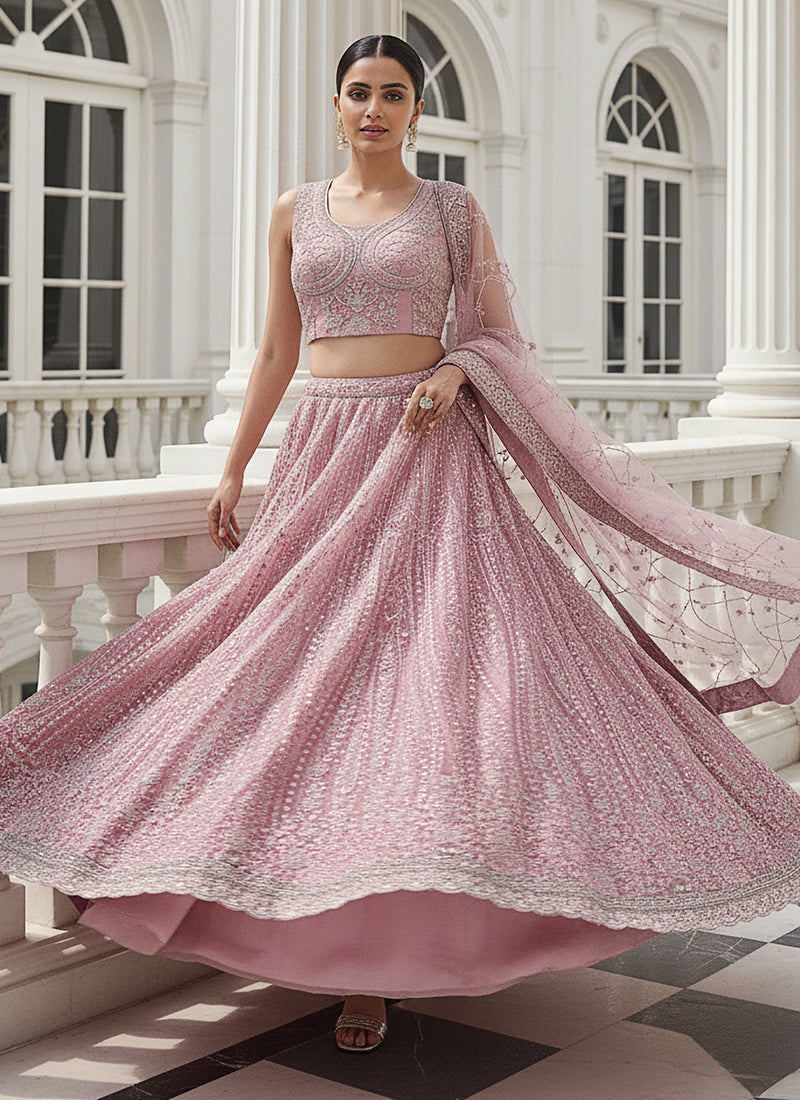 Net Pink Wedding Wear Embroidery Work Lehenga Choli 387447