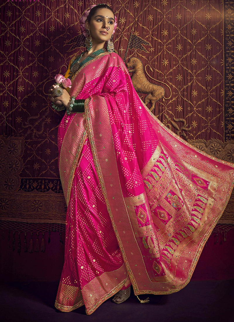Pure Viscose Pink Saree with Weaving Work for Bridal Wear 380840