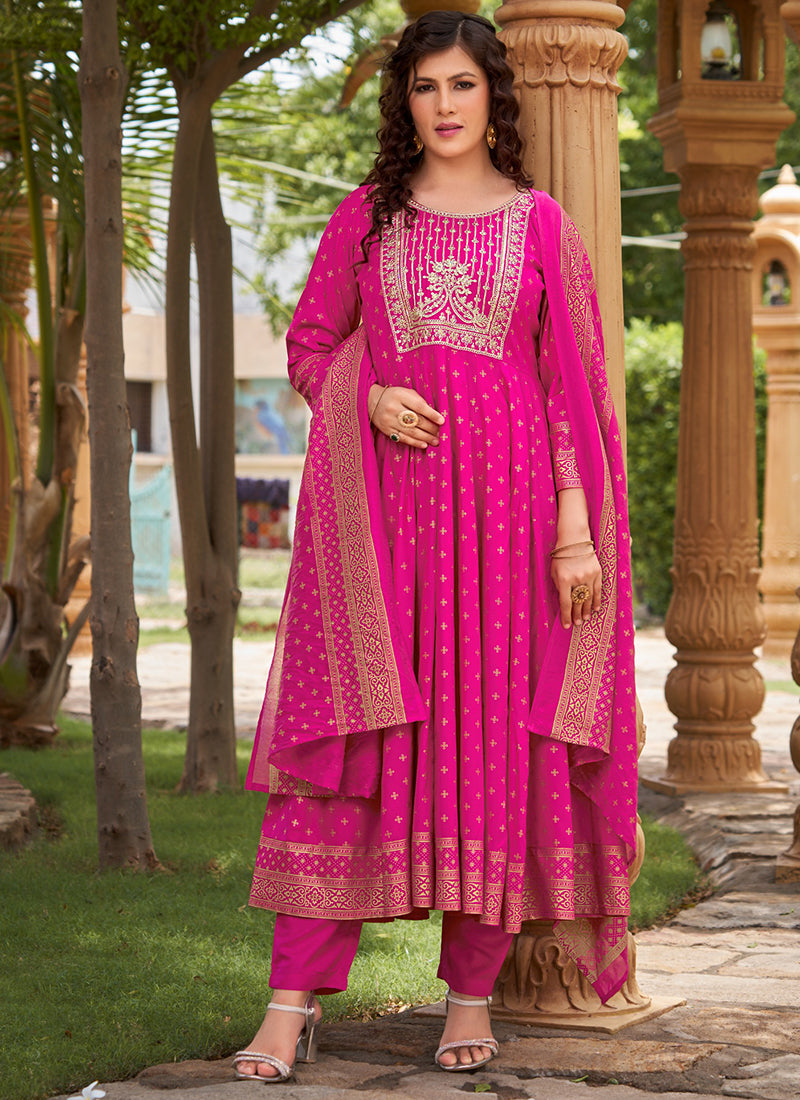 Rayon Pink Casual Wear Sequin Work Readymade Anarkali Suit 380557