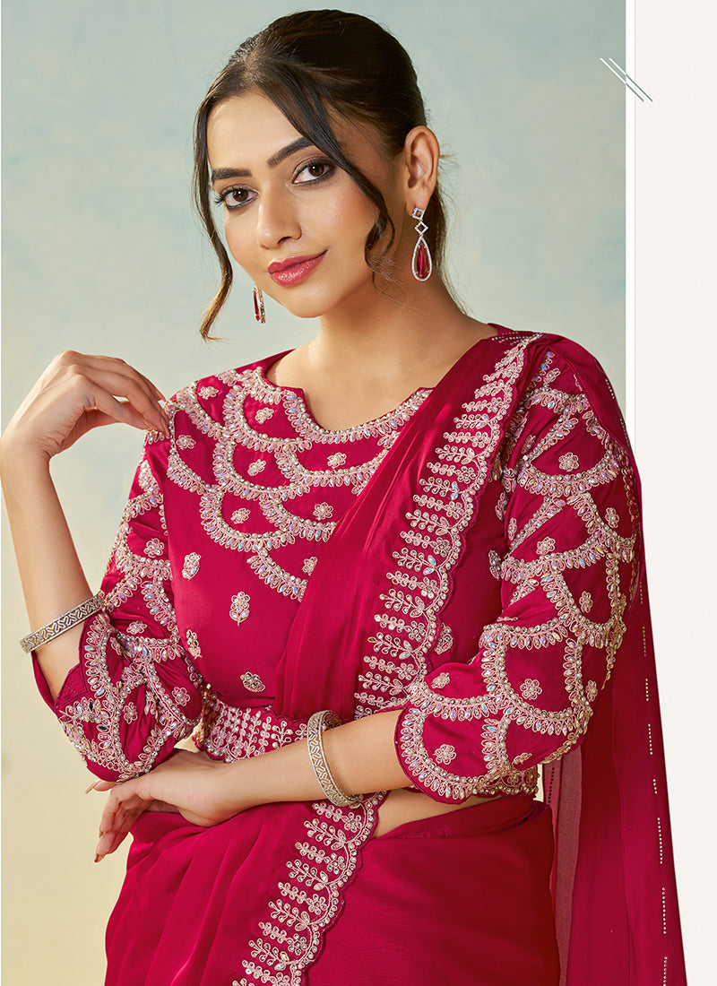 Pink Satin Silk Sequin Work Party Wear Ready To Wear Saree SW250884