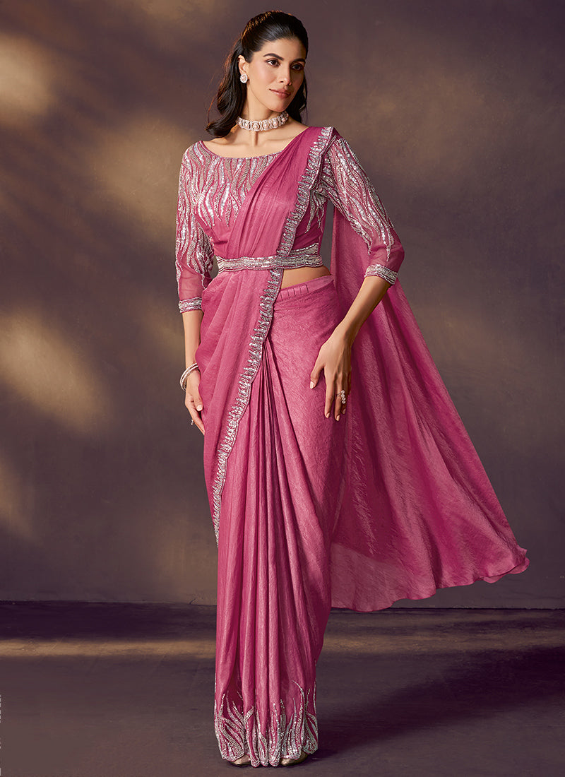 Satin Silk Pink Wedding Wear Sequin Work Ready To Wear Saree 386135