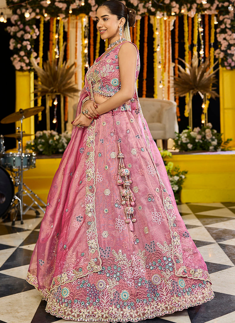 Satin Silk Light Pink Wedding Wear Heavy Embroidery Readymade Lehenga Choli