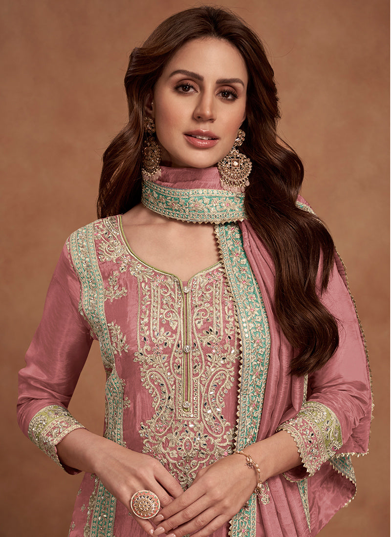 Pink Shimmer Silk Embroidery Work Festival Wear Readymade Plazzo Suit SW449832