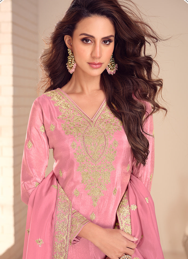 Pink Shimmer Silk Sequins Work Occasional Wear Readymade Plazzo Suit SW475186