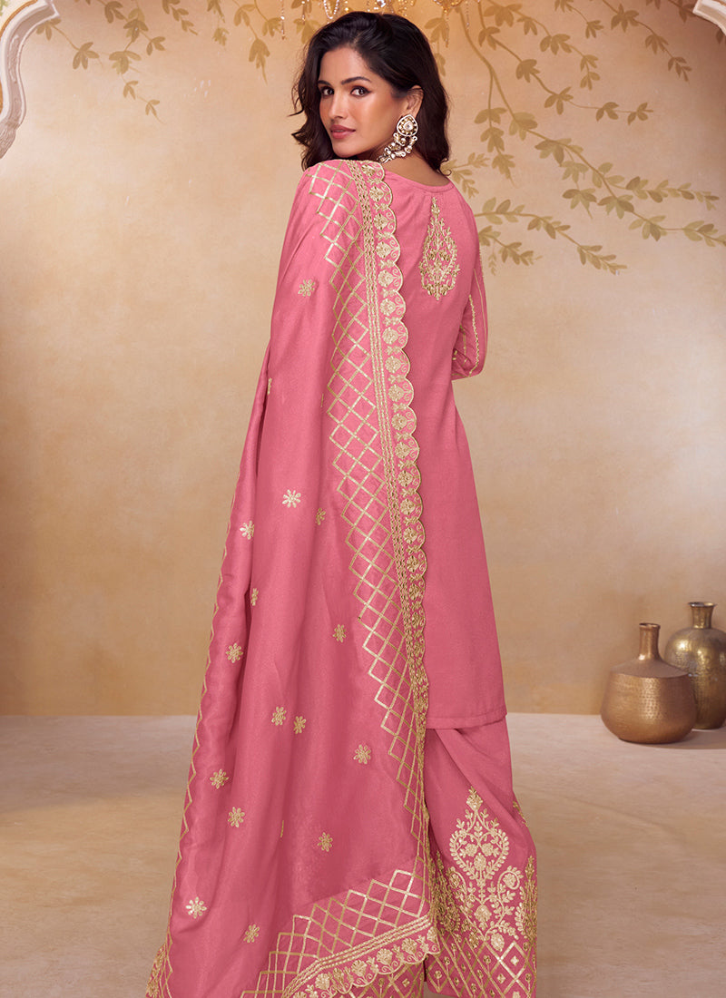 Shimmer Silk Pink Party Wear Sequin Embroidery Work Readymade Ethnic Plazzo Suit 387229