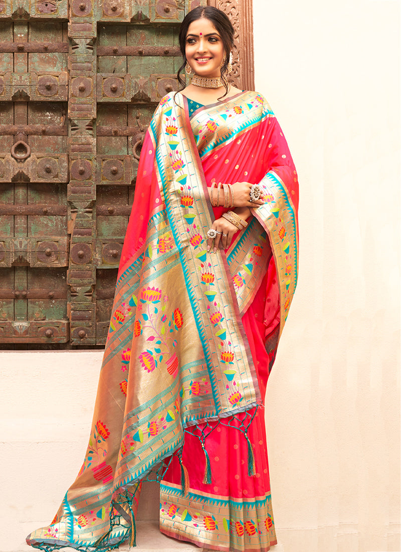 Silk Blend Pink Saree with Weaving Work for Festival Wear 384343