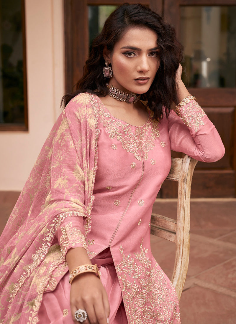 Pink Silk Embroidery Work Occasional Wear Readymade Plazzo Suit SW709694