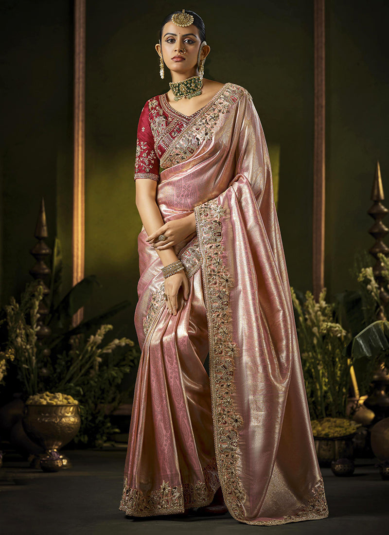 Silk Pink Saree with Cut Work for Bridal Wear 381102
