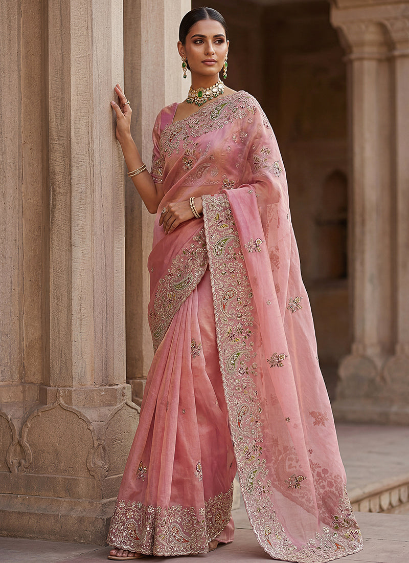 Pink Silk Embroidery Work Wedding Wear Saree SW730034