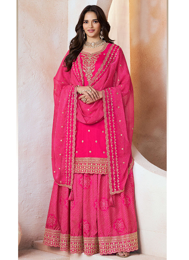 Silk Pink Wedding Wear Embroidery Work Palazzo Suit 385246