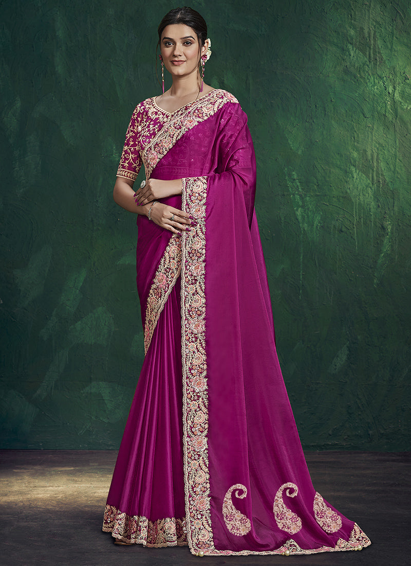 Pink Silk Hand Work Wedding Wear Saree SW343216