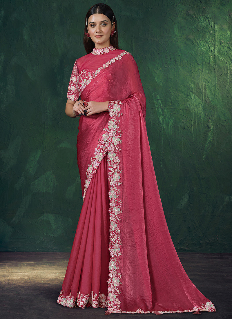 Pink Silk Hand Work Wedding Wear Saree SW263962
