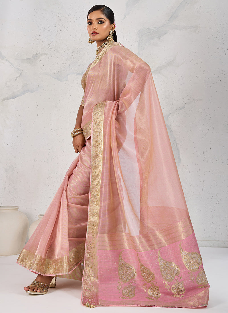 Tissue Linen Pink Saree with Zardosi Work for Bridal Wear 380350