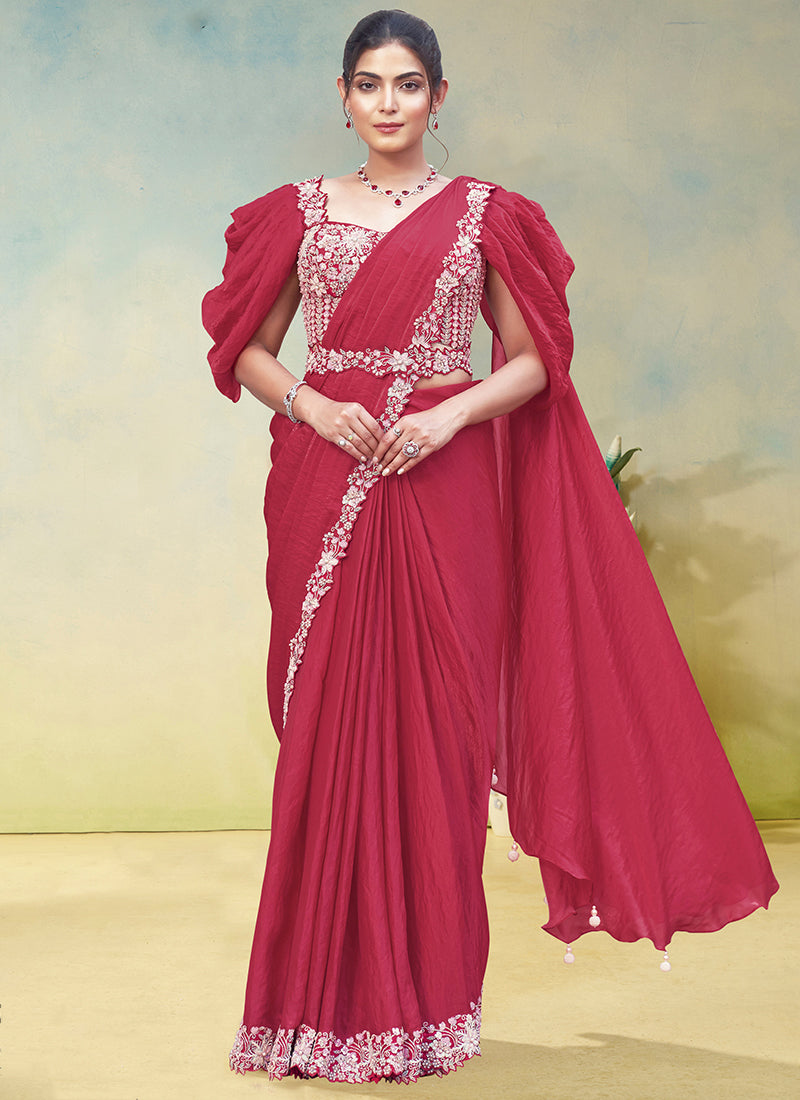 Pink Two Tone Satin Silk Sequin Work Party Wear Ready To Wear Saree SW103606
