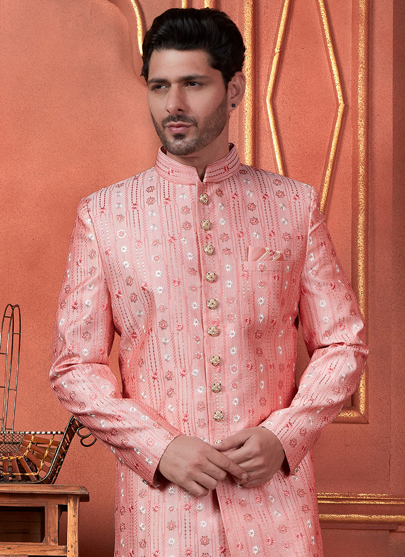 Silk Pink Wedding Wear Computer Thread Readymade Sherwani Set 348359