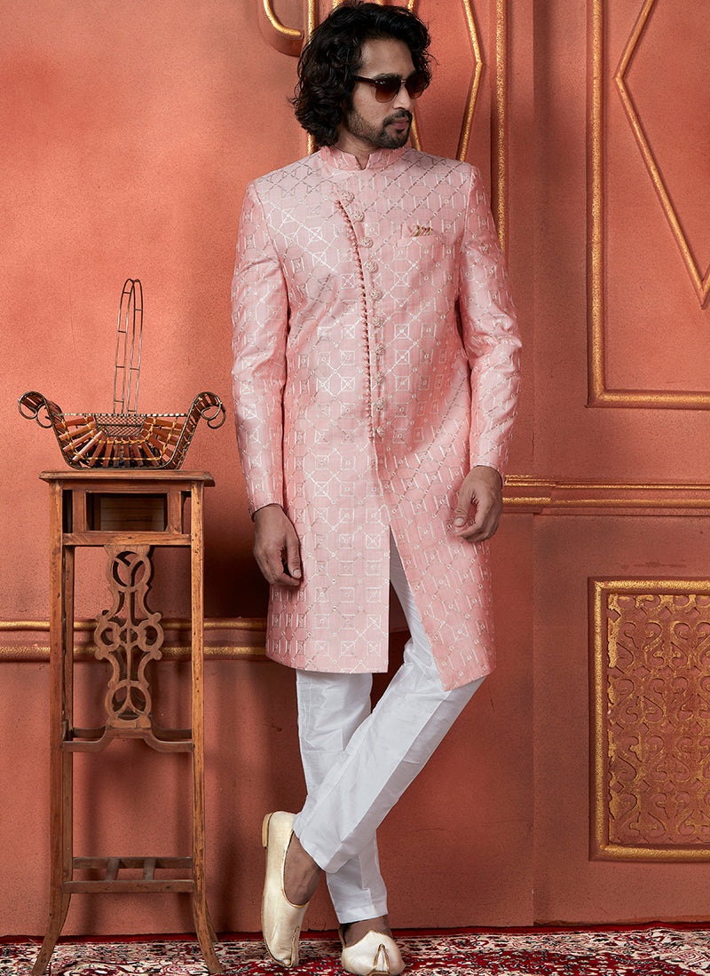 Silk Pink Wedding Wear Computer Thread Readymade Sherwani Set 348363