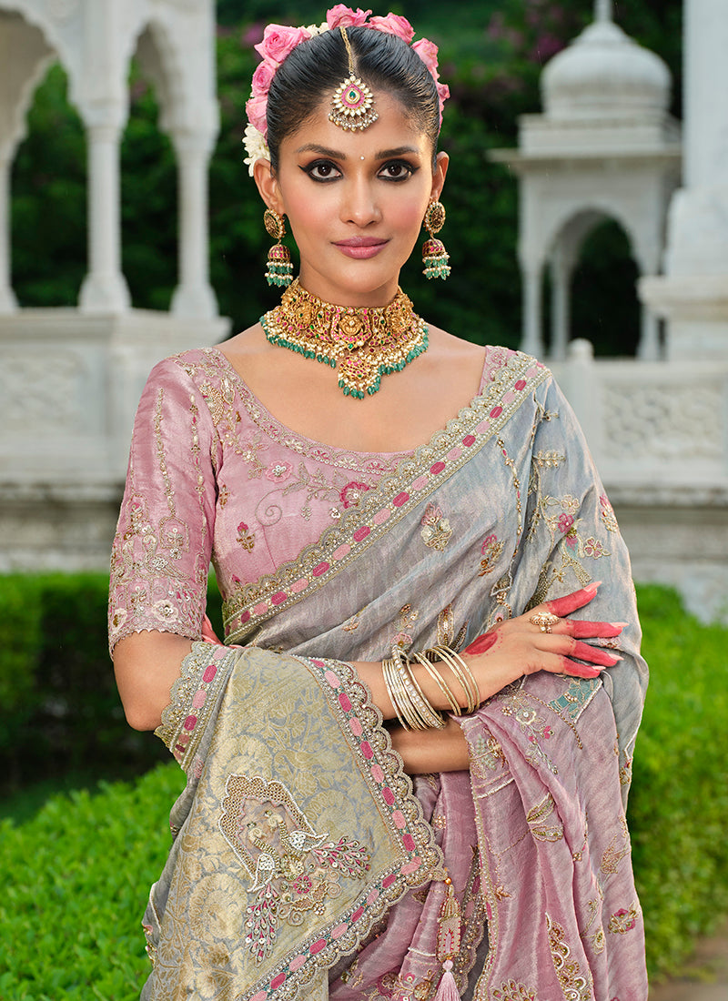Zari Silk Pink Wedding Wear Embroidery Khatil Work Wedding Saree 388436