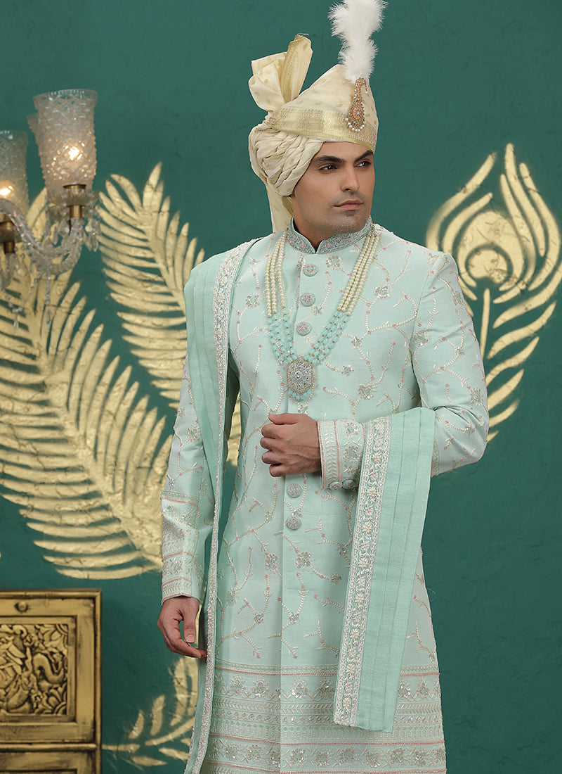 Art Silk Pista Green Groom Wear Thread Work Readymade Groom Sherwani 385482