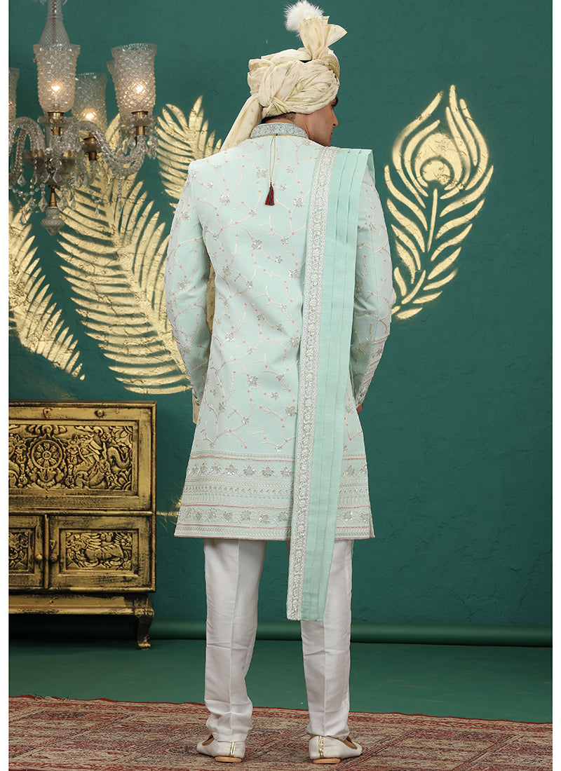 Art Silk Pista Green Groom Wear Thread Work Readymade Groom Sherwani 385482
