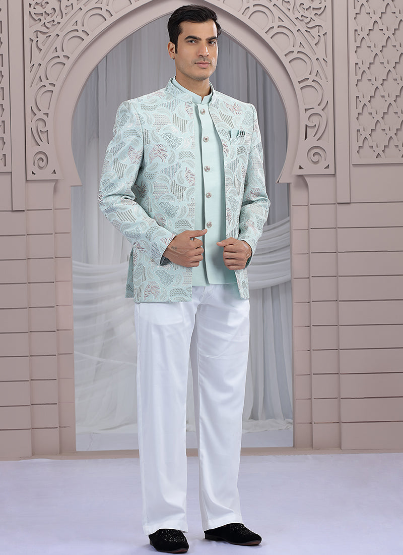 Art Silk Pista Green Wedding Wear Pattern Pc Work Readymade Indo Western 385494