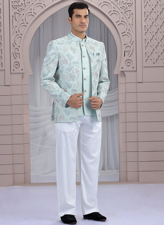 Art Silk Pista Green Wedding Wear Pattern Pc Work Readymade Indo Western 385494