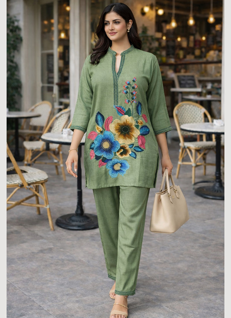 Pista Green Linen Cotton Thread Work Casual Wear Readymade Cord Set SW758067