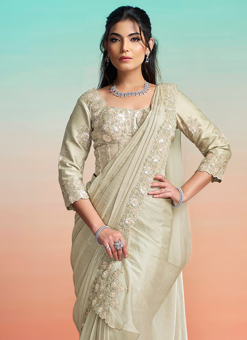 Pista Green Satin Silk Embroidery Work Festival Wear Readymade Saree SW902204