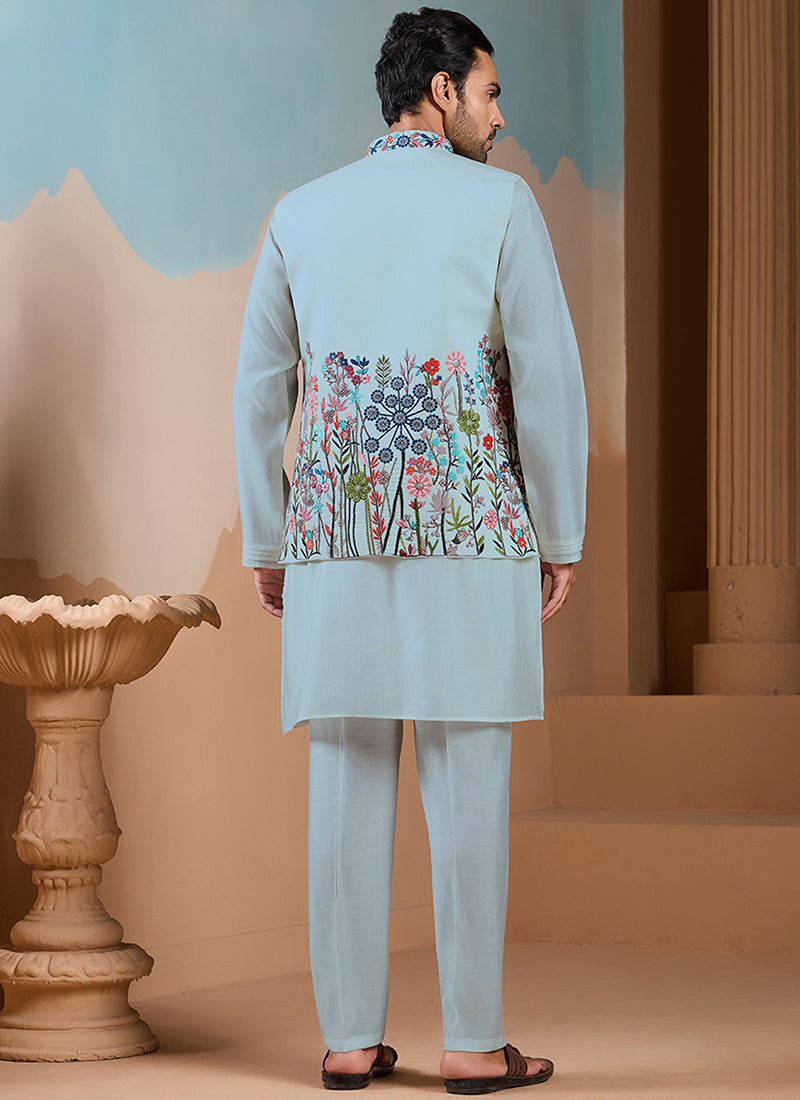 Silk Pista Green Wedding Wear Embroidery Work Readymade Kurta Pajama With Jacket 387112