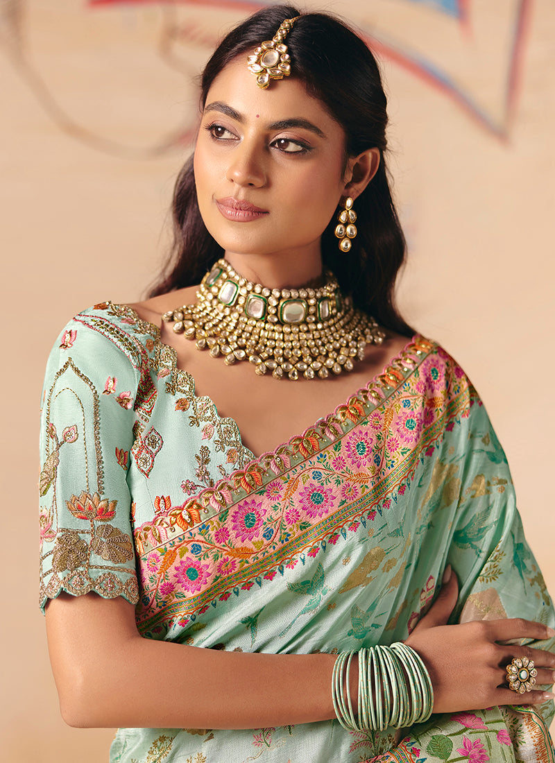 Pista Green Silk Sequins Work Wedding Wear Saree SW385212