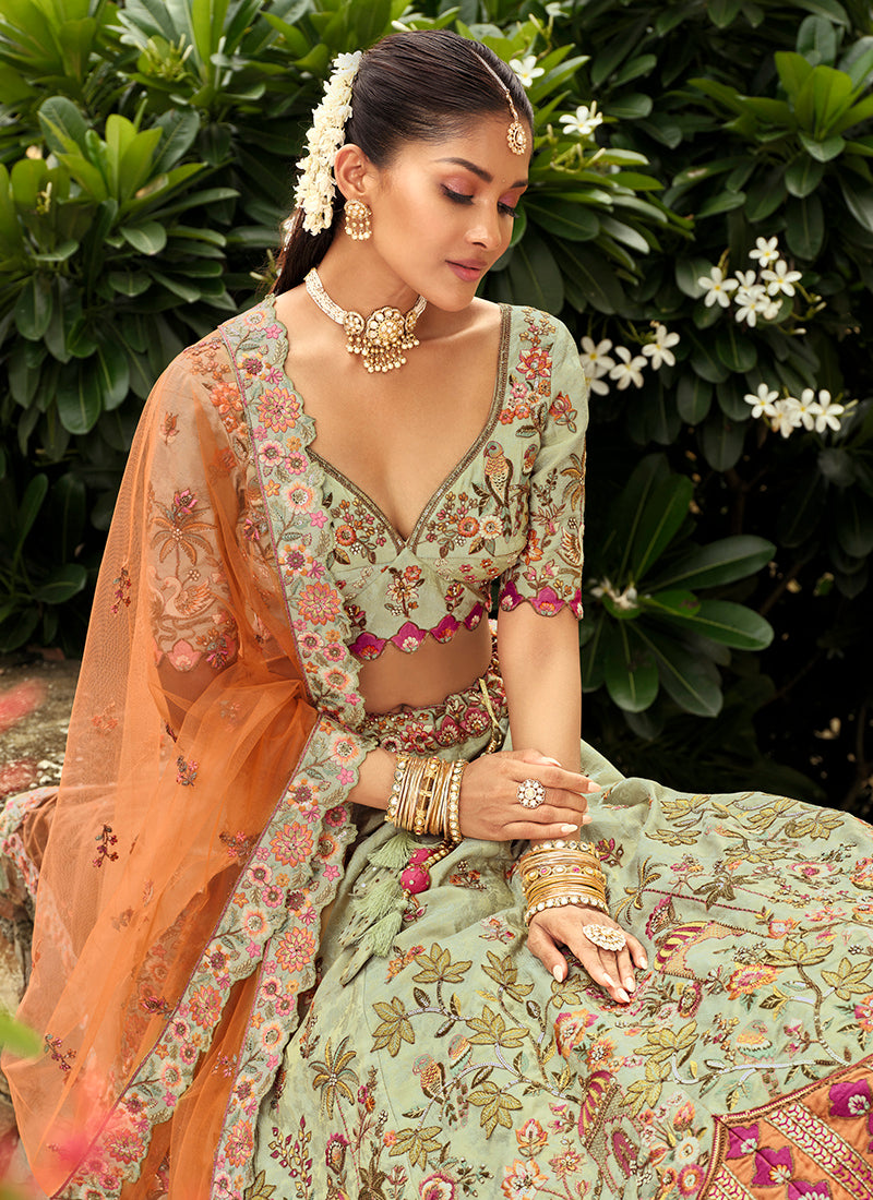 Silk Pista Wedding Wear Heavy Embroidery Cut Work Readymade Lehenga Choli 386496