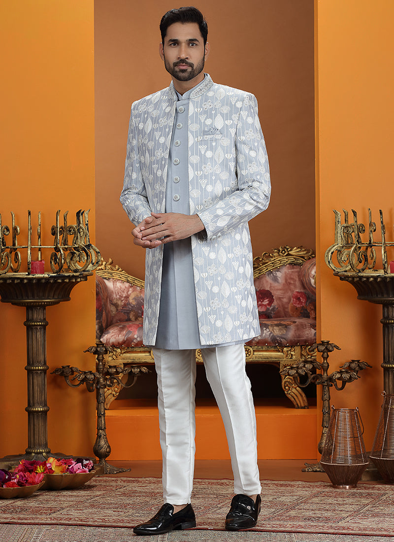 Powder Blue Art Silk Computer Thread Work Wedding Wear Readymade Indowestern Sherwani SW809707