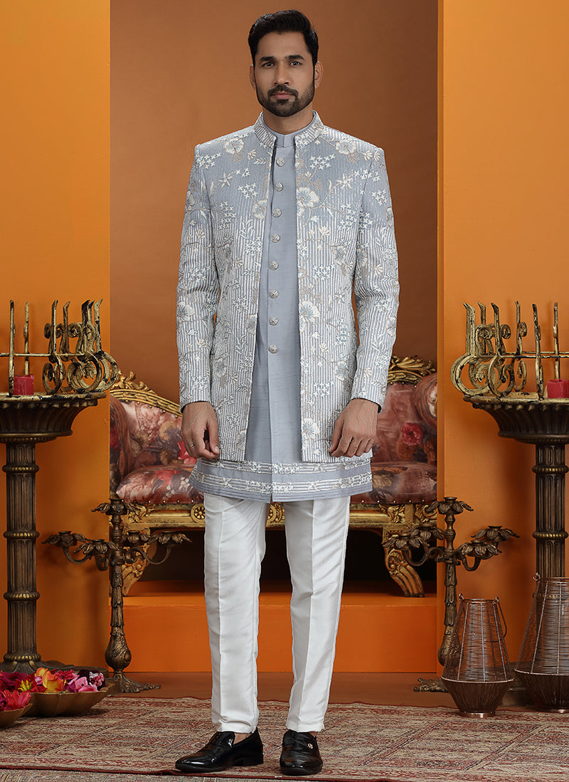 Powder Blue Art Silk Computer Thread Work Wedding Wear Readymade Indowestern Sherwani SW584288