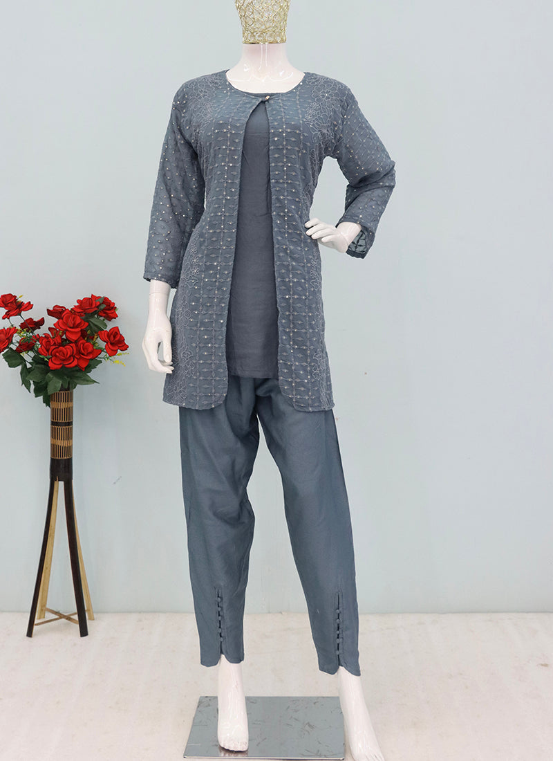 Powder Blue Faux Georgette Embroidery Work Casual Wear Readymade Designer Kurti SW959039