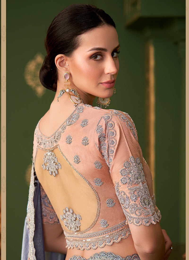 Georgette Silk Powder Blue Wedding Wear Zari Embroidery Work Saree 386647