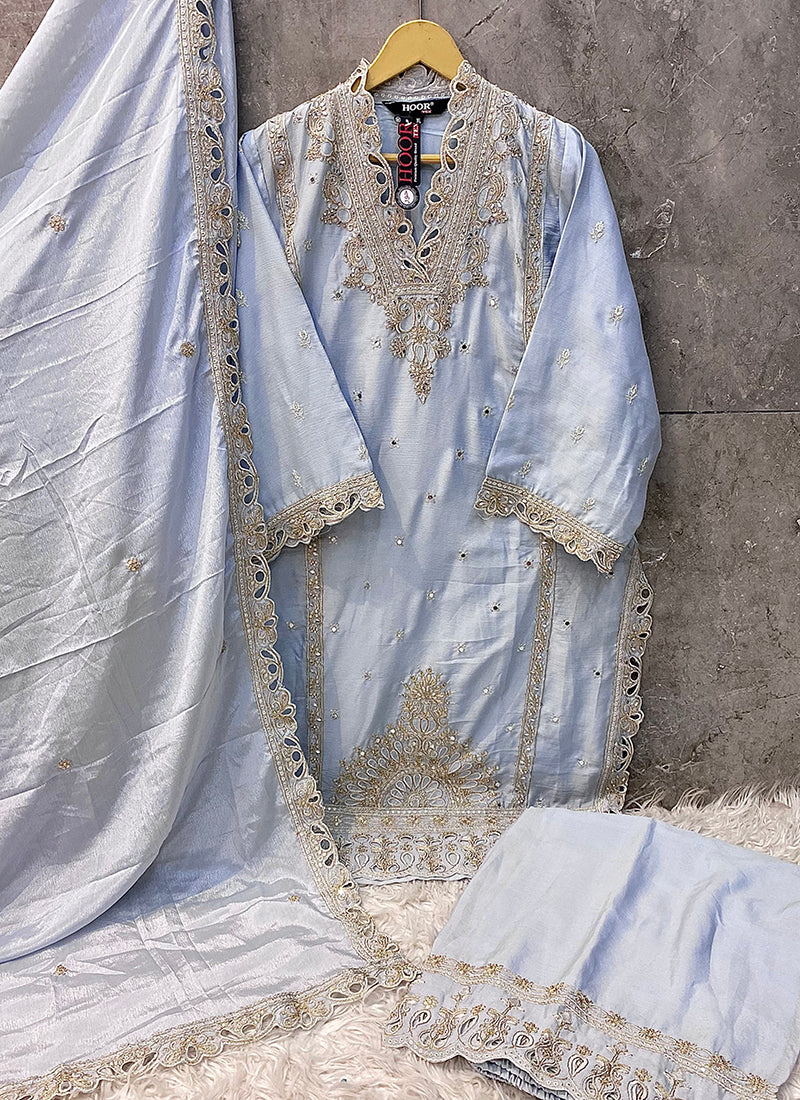 Heavy Chinon Powder Blue Eid Wear Zari Work Readymade Pakistani Suit 388113