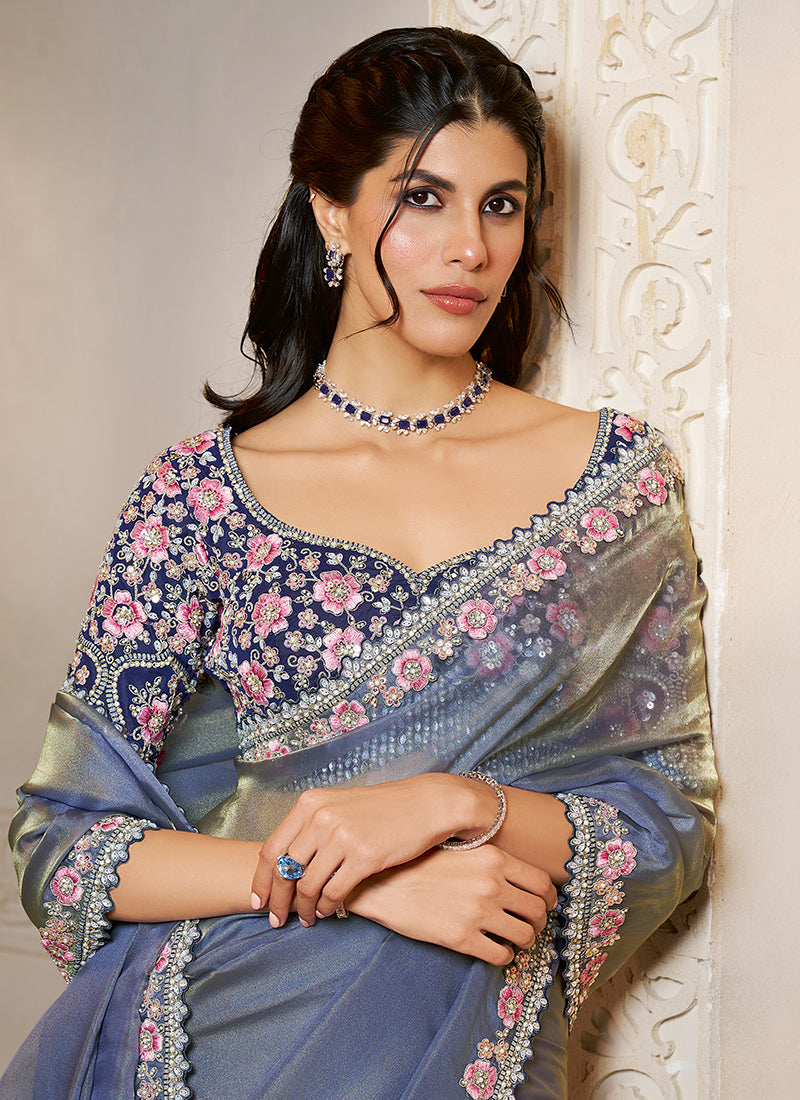 Organza Powder Blue Wedding Wear Embroidery Work Saree 386122