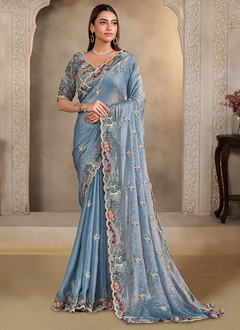 Satin Silk Powder Blue Wedding Wear Embroidery Work Saree 386125