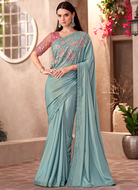 Shimmer Silk Powder Blue Saree with Linen Work for Bridal Wear 380650