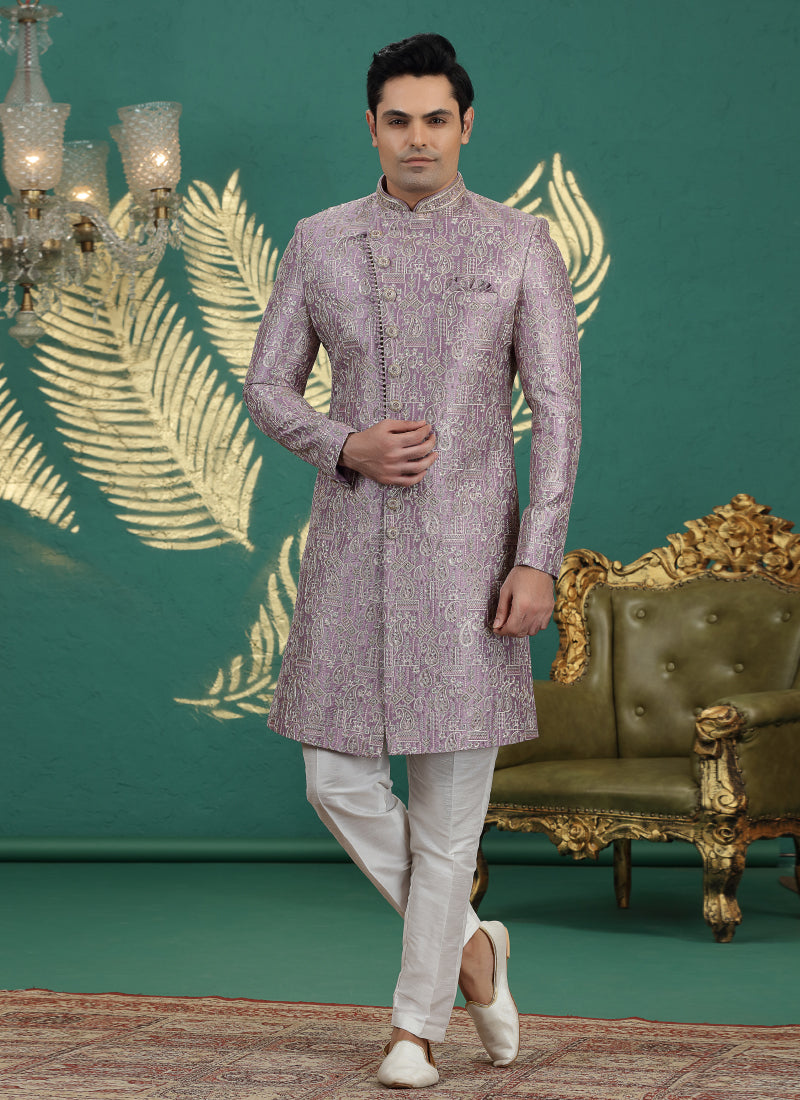 Art Silk Purple Wedding Wear Hand Embroidery Readymade Groom Sherwani 386004